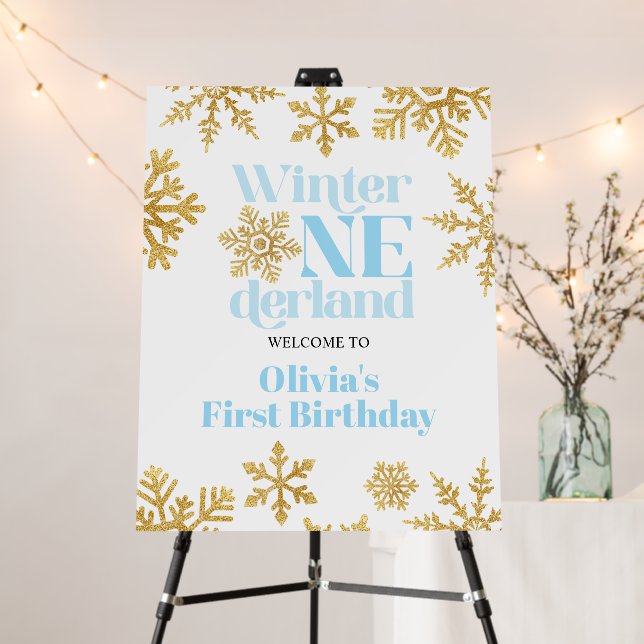 Winter Onederland Blue Gold Snowflake 1st Birthday Foam Board (In Situ (Stand))