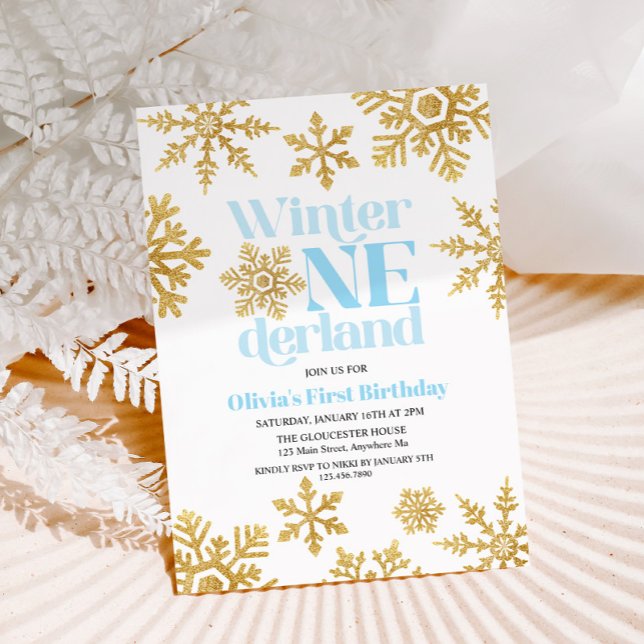 Winter Onederland Blue Gold Snowflake 1st Birthday Invitation (Creator Uploaded)