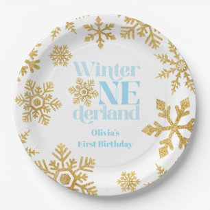 Winter Onederland Blue Gold Snowflake 1st Birthday Paper Plates