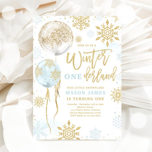 Winter Onederland Blue Gold Snowflake Birthday Invitation