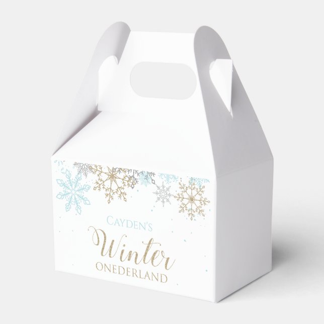 Winter Onederland Blue Gold Snowflake Favor Boxes (Front Side)