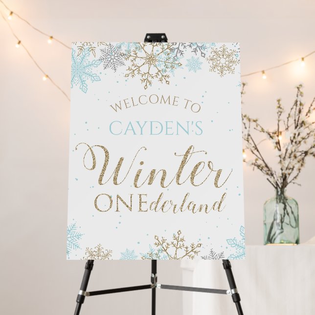 Winter Onederland BLUE Gold Snowflake Welcome Foam Board (In Situ (Stand))