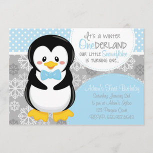 Winter ONEderland Blue Penguin Invitation
