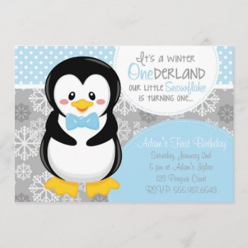 Winter Onederland Blue Penguin Invitation by brookechanel at Zazzle