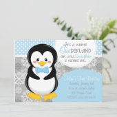 Winter ONEderland Blue Penguin Invitation (Standing Front)