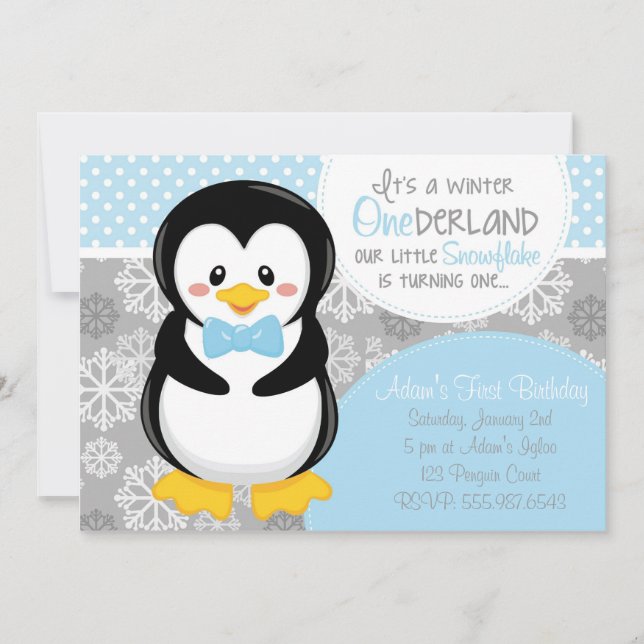 Winter ONEderland Blue Penguin Invitation (Front)