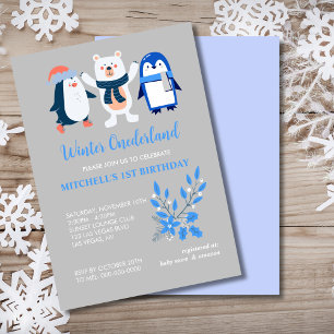 Winter onederland blue penguin polar bear invitation