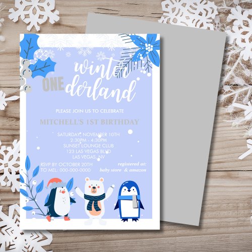 Winter onederland blue penguin polar bear  invitation