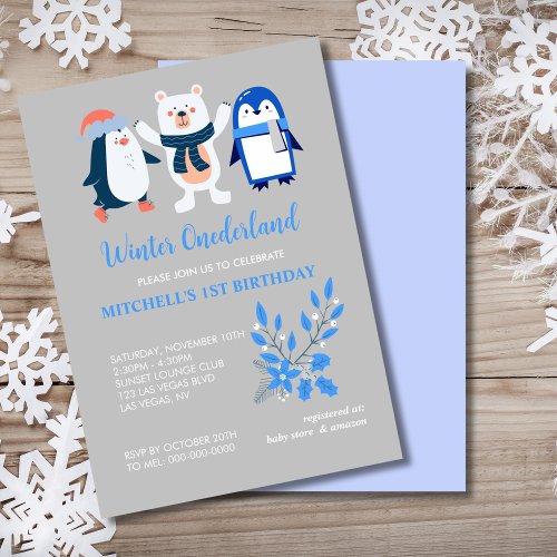 Winter onederland blue penguin polar bear  invitation
