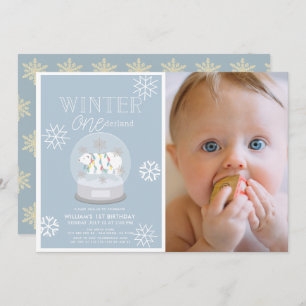Winter Onederland Blue Photo 1st Birthday Invitation