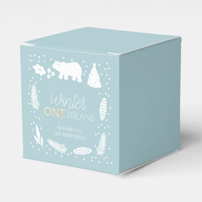 Winter ONEderland Blue Polar Bear 1st Birthday Favor Boxes (Front Side)