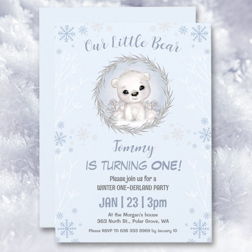 Winter Onederland Blue Polar Bear 1st Birthday Invitation
