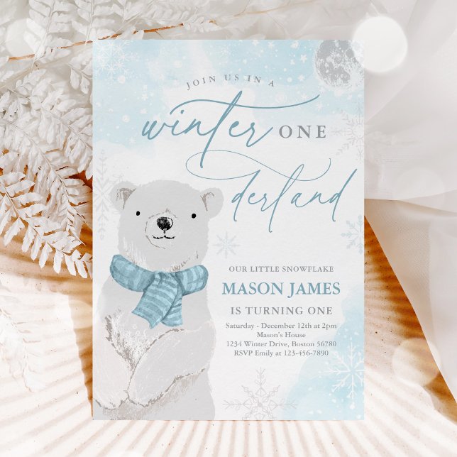 Winter Onederland Blue Polar Bear Birthday Invitation (Creator Uploaded)