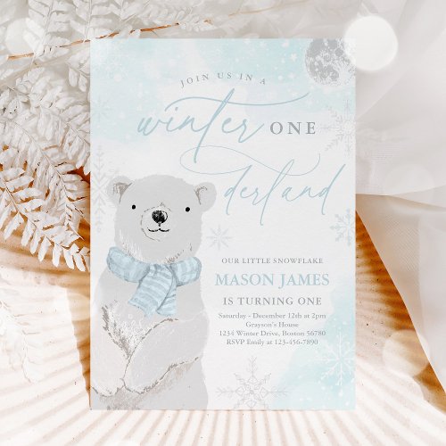 Winter Onederland Blue Polar Bear Birthday Invitation