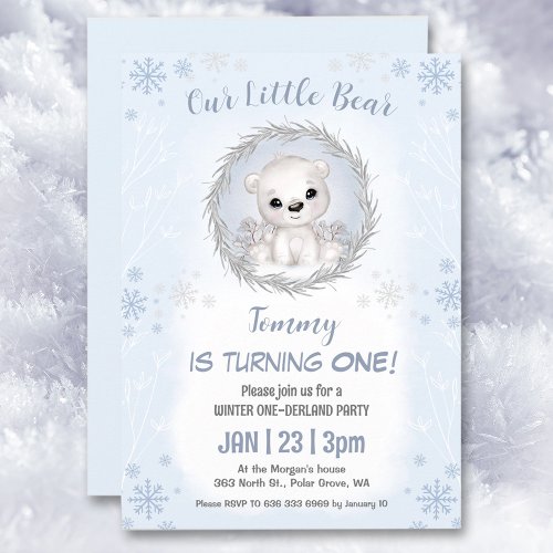Winter Onederland Blue Polar Bear Boy 1st Birthday Invitation