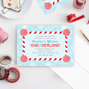 Winter ONEderland Blue Red Candy Cane Birthday Invitation