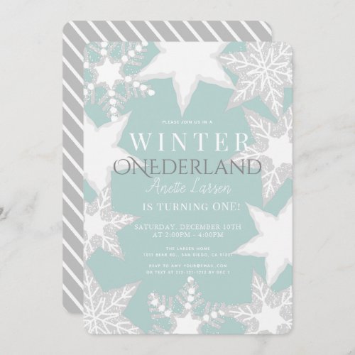 Winter Onederland Blue  Silver 1st Birthday Invitation