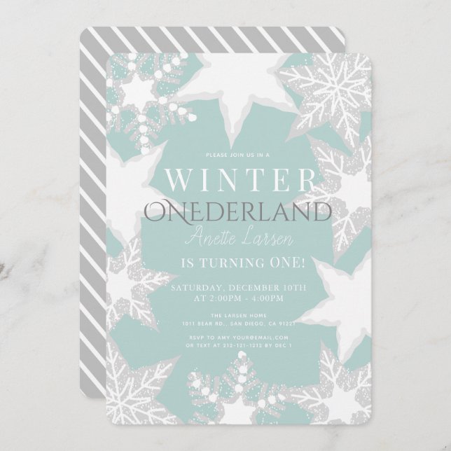 Winter Onederland Blue & Silver 1st Birthday Invitation (Front/Back)