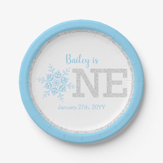 Winter ONEderland Blue Silver 1st Birthday Paper Plates (Front)