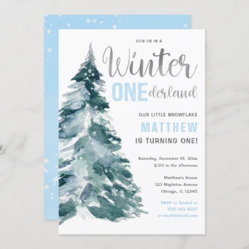 Winter ONEderland blue silver boy 1st birthday Invitation