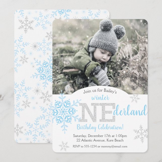 Winter ONEderland Blue Silver Glitter 1st Birthday Invitation (Front/Back)