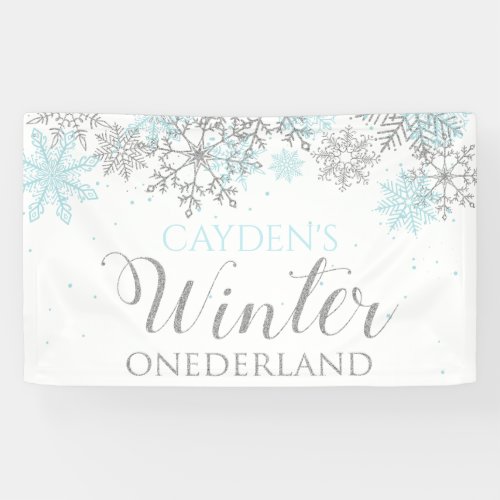 Winter Onederland Blue Silver Snow First Birthday Banner