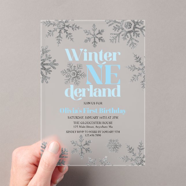 Winter Onederland Blue Silver Snowflake Birthday Acrylic Invitations (Insitu (Handheld))