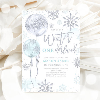 Winter Onederland Blue Silver Snowflake Birthday Invitation by PixelPerfectionParty at Zazzle