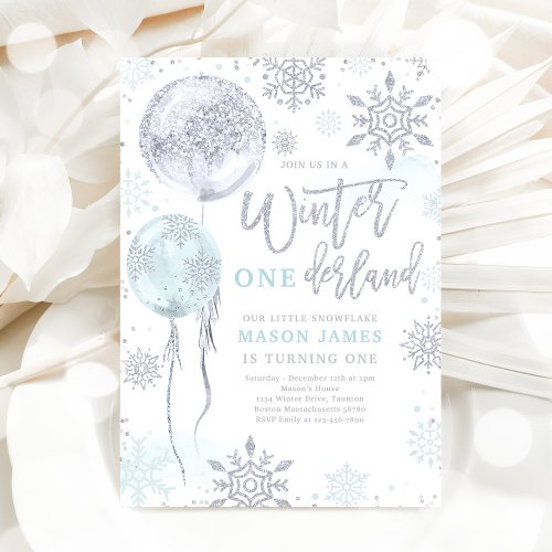 Winter Onederland Blue Silver Snowflake Birthday Invitation