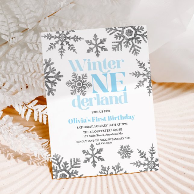 Winter Onederland Blue Silver Snowflake Birthday Invitation (Creator Uploaded)