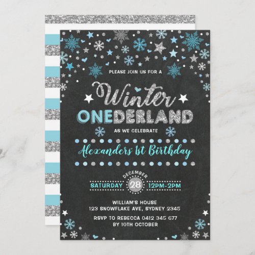 Winter ONEderland Blue Silver Snowflakes Birthday Invitation