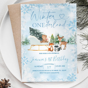 Winter Onederland Blue Snowflake Animal Birthday Invitation