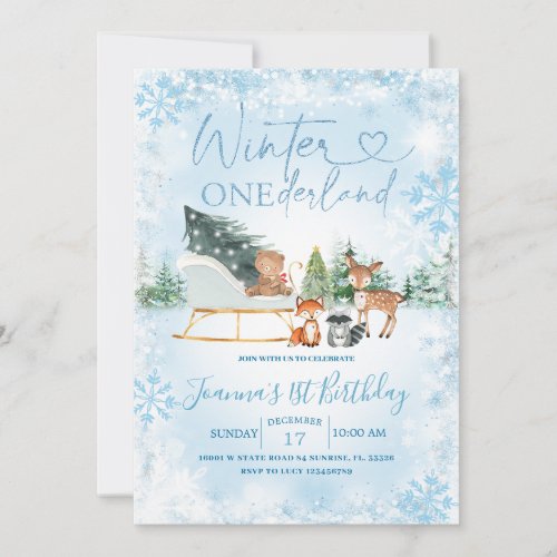 Winter Onederland Blue Snowflake Animal Birthday Invitation