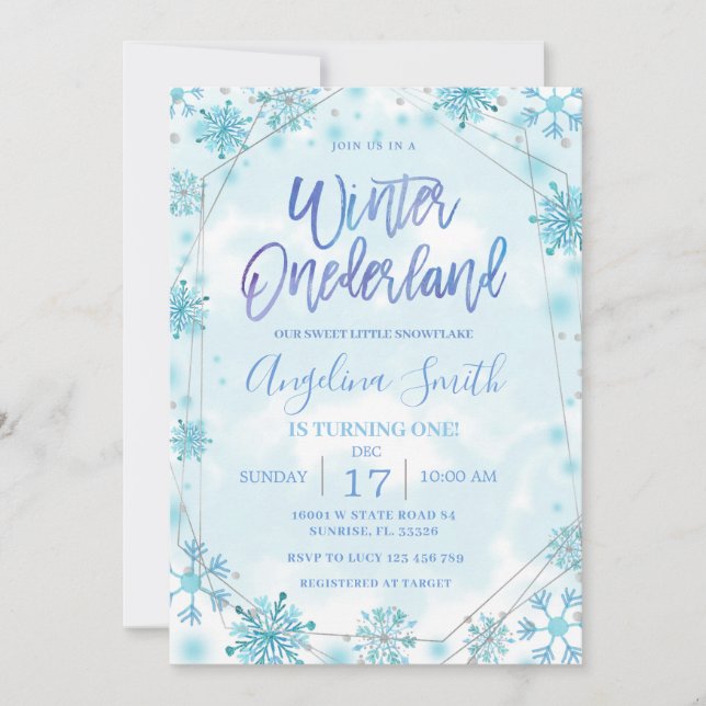 Winter Onederland Blue Snowflake Birthday Invitation (Front)