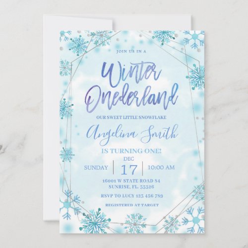 Winter Onederland Blue Snowflake Birthday Invitation