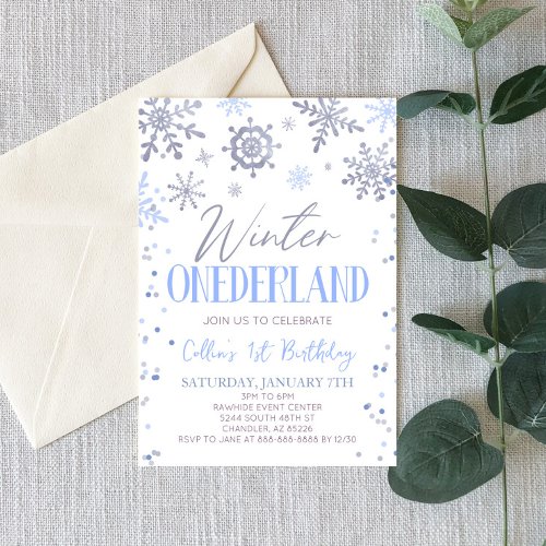Winter ONEderland Blue Snowflake Birthday Party Invitation