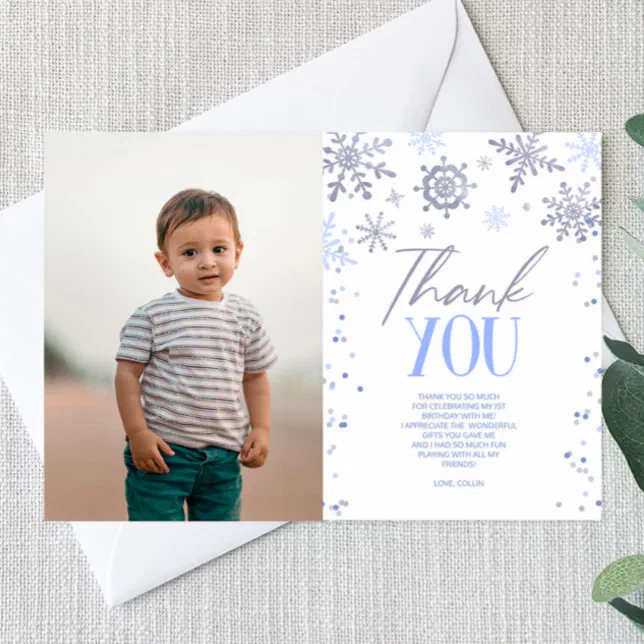 Winter ONEderland Blue Snowflake Birthday Party Thank You Card | Zazzle
