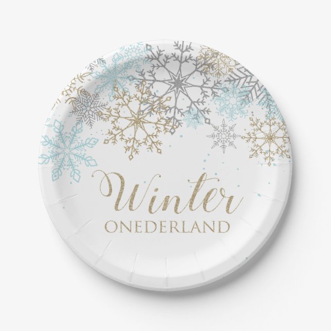 Winter Onederland Blue Snowflake Birthday Plates (Front)