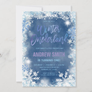 Winter ONEderland Blue Snowflakes Birthday  Invitation
