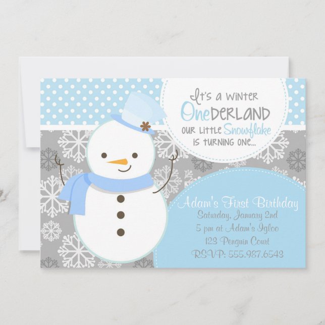 Winter ONEderland Blue Snowman Invitation (Front)