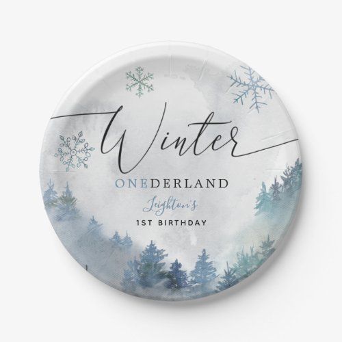 Winter ONEderland Blue Snowy Mountain Birthday Paper Plates