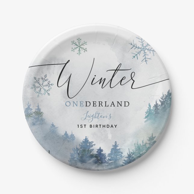 Winter ONEderland Blue Snowy Mountain Birthday Paper Plates (Front)