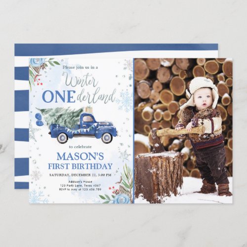 Winter Onederland Blue Truck Boy First Birthday Invitation
