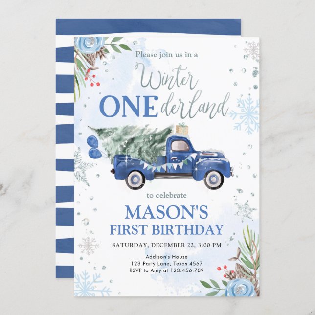 Winter Onederland Blue Truck First Birthday Invitation (Front/Back)