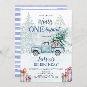 Winter Onederland Blue Truck First Birthday Invitation