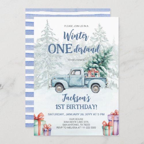 Winter Onederland Blue Truck First Birthday Invitation