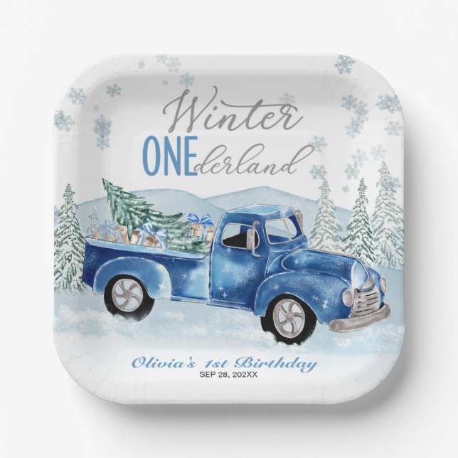 Winter Onederland Blue Truck First Birthday Paper Plates (Front)