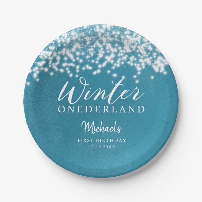 Winter ONEDERLAND Blue Winter Birthday Party Paper Plates (Front)