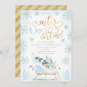 Winter ONEderland Blue Winter Sleigh 1st Birthday Invitation