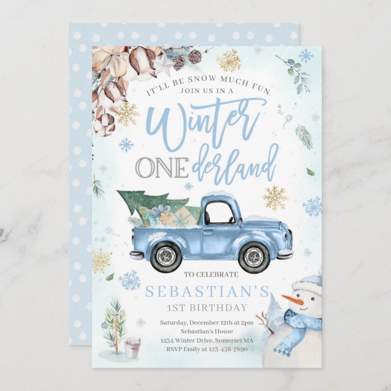 Winter ONEderland Blue Winter Truck Snowman Party Invitation